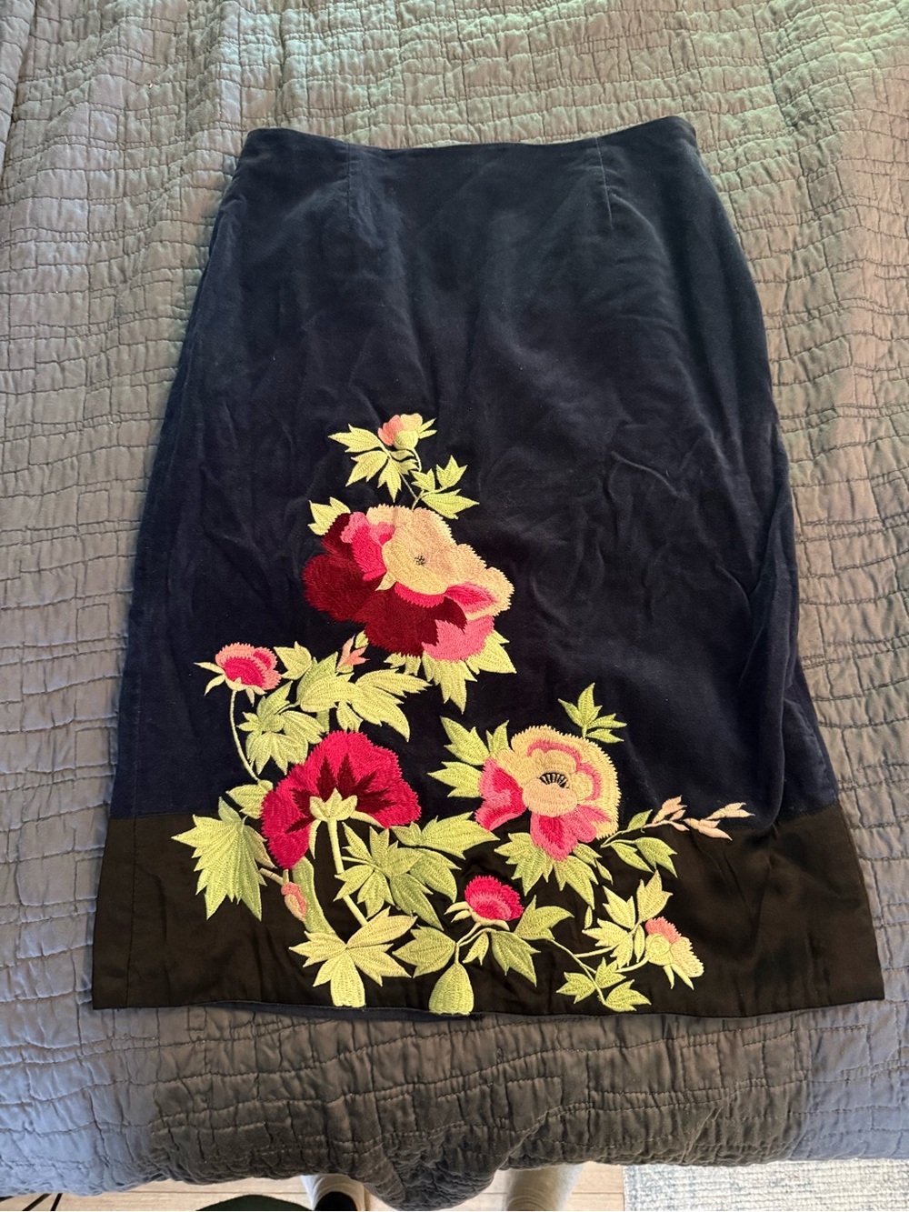 Anthropologie Navy Velvet Pencil Skirt with Pink & Red Floral Embroidery